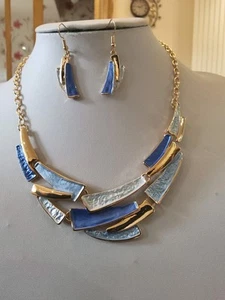 Brand New Gold Tone necklace +earrings With Blue And Gold Enamel Bars - Picture 1 of 10