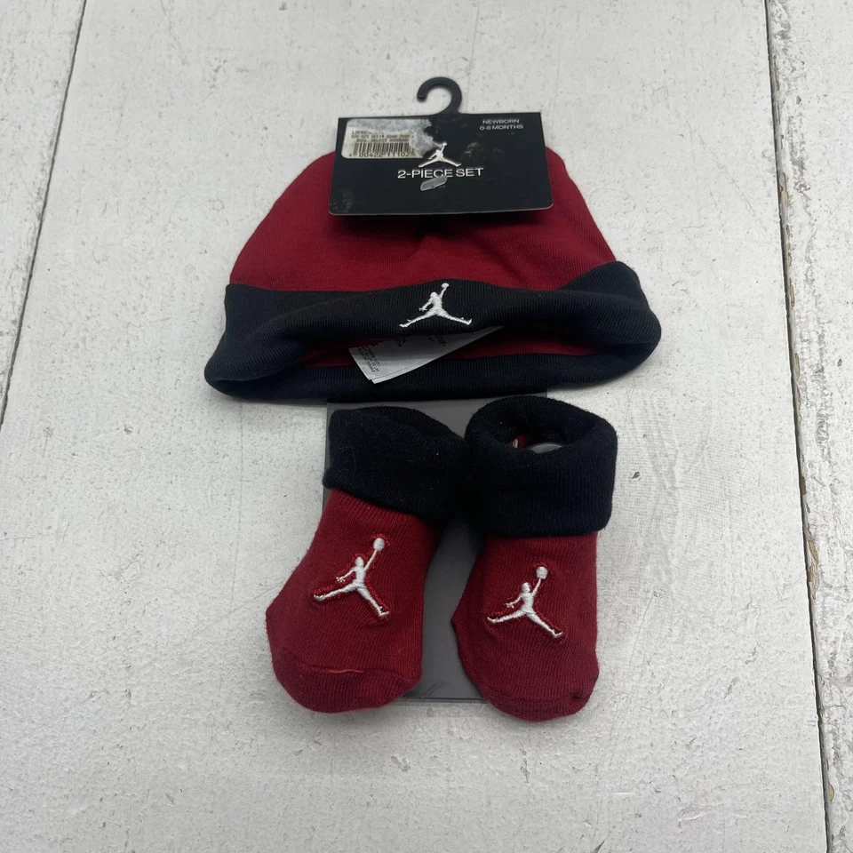 Jordan Hat Booties Set Infant 0-6 Months Red Black Newborn Jumpman Beanie Nike - Image 1 of 4