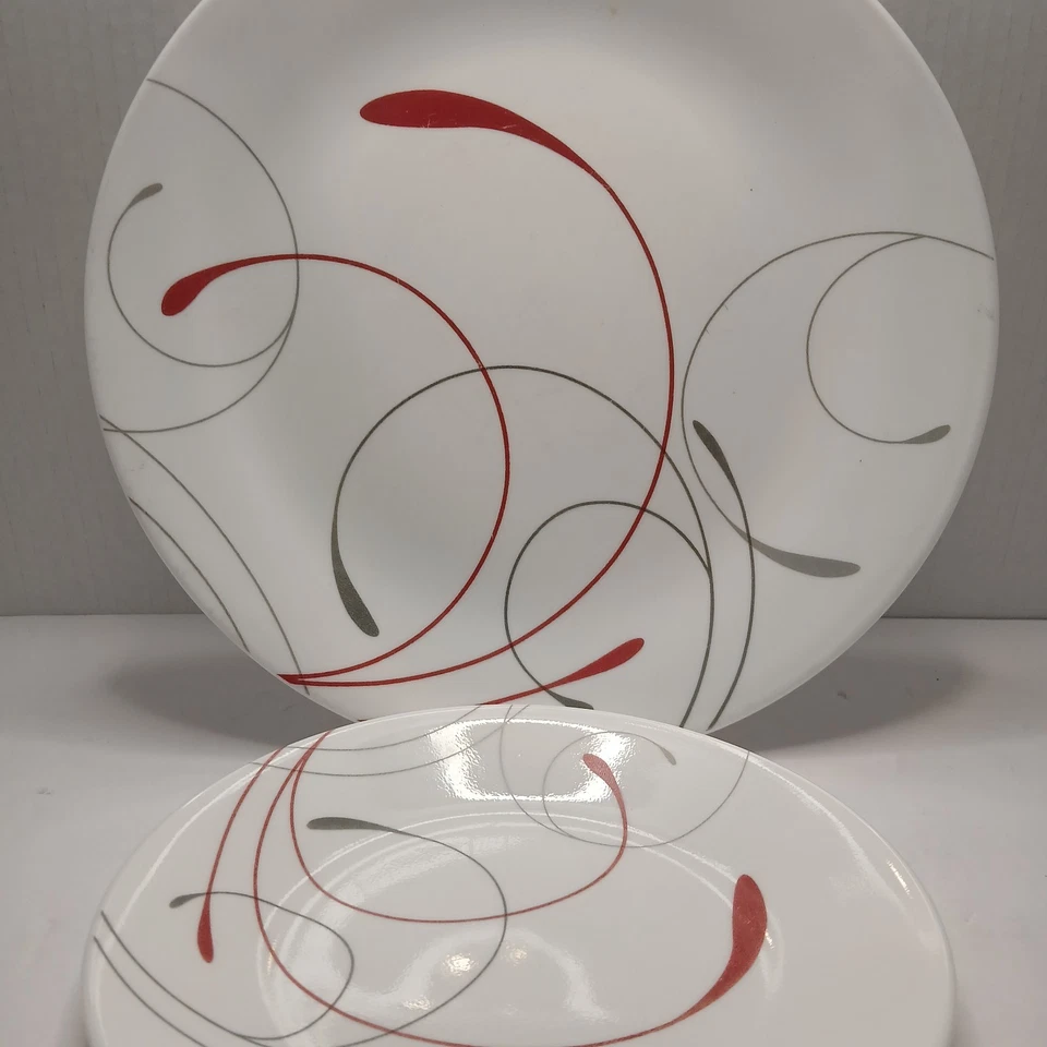 Two Piece Corelle Splendor Red And Grey Swirl Pattern.  - Image 1 of 4