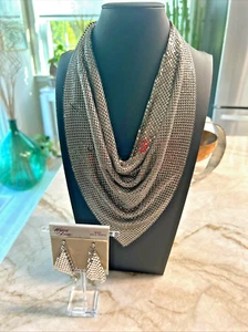 Whiting & Davis Vtg Silver Tone Mesh Drape Bib Chain Necklace & Earrings: MINT! - Picture 1 of 14