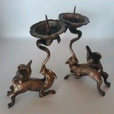 Vintage Chinese Bronze Foo Dogs Lion Dragon Pricket  Candlesticks Patina