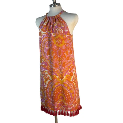Vestido Trina Turk Talla 4 Rancho Seda Halter Rosa Naranja Floral Borla Dobladillo Vaca Foto 1 de 4