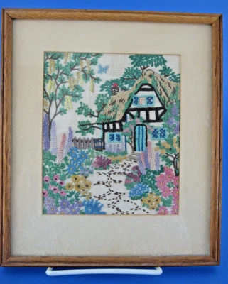 Completed Framed Embroidery Design Thatched Cottage Garden Flowers Vintage 1940s - Image 1 of 3