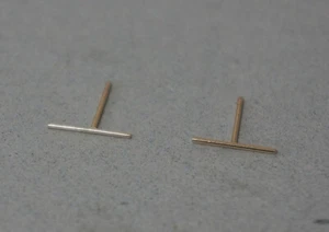 10K Solid Gold tiny Thin Line earrings 10mm Round Straight Bar - Picture 1 of 5