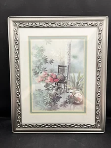 Rocking Chair Ferns Matted Art Print 8" x 10" in Decorative Pewter Frame w Easel - Picture 1 of 3