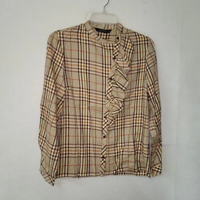 Zara Shirt Womens XS Plaid Asymmetric Ruffled Long Sleeve Fall Autumnal Colors - Image 1 of 4