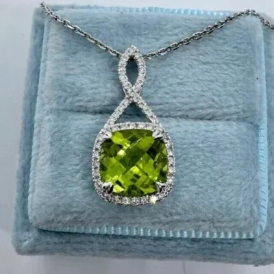Cushion Cut Simulated Green Peridot Halo Pendant Chain In 14k White Gold Plated - Image 1 of 4