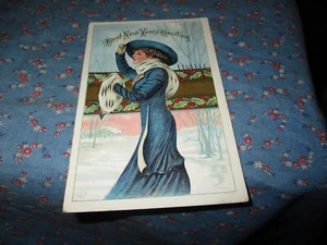 Old Postcard 1912 Denver Colo Best New Year Greeting Fashionable Lady - Picture 1 of 2