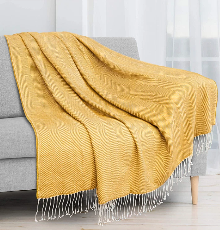 PAVILIA Herringbone Knitted Fringe Throw Blanket Decorative for Couch Sofa Lightweight