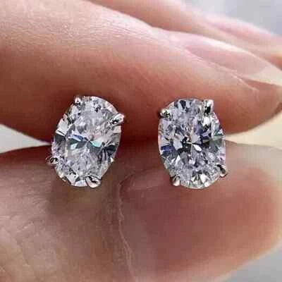 4Ct Oval Cut Lab-Created Diamond Solitaire Stud Earrings 14K White Gold Plated - Image 1 of 4