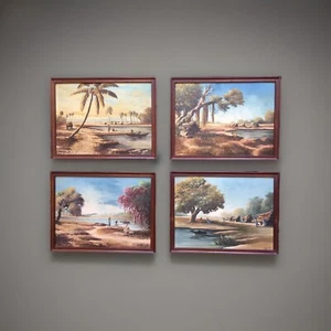 4 AUTHENTIC ANTIQUE N.A. DAVID OIL PAINTINGS! WATER BUFFALO TREES FLOWERS 1920'S - Picture 1 of 11