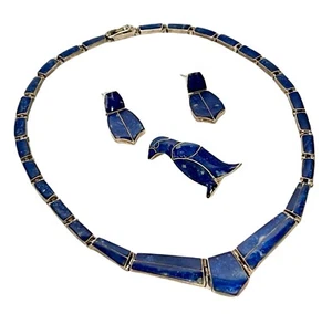 Sterling Silver & Inlay Blue Lapis Lazuli Set Jewelry Necklace Earrings Brooch - Picture 1 of 4