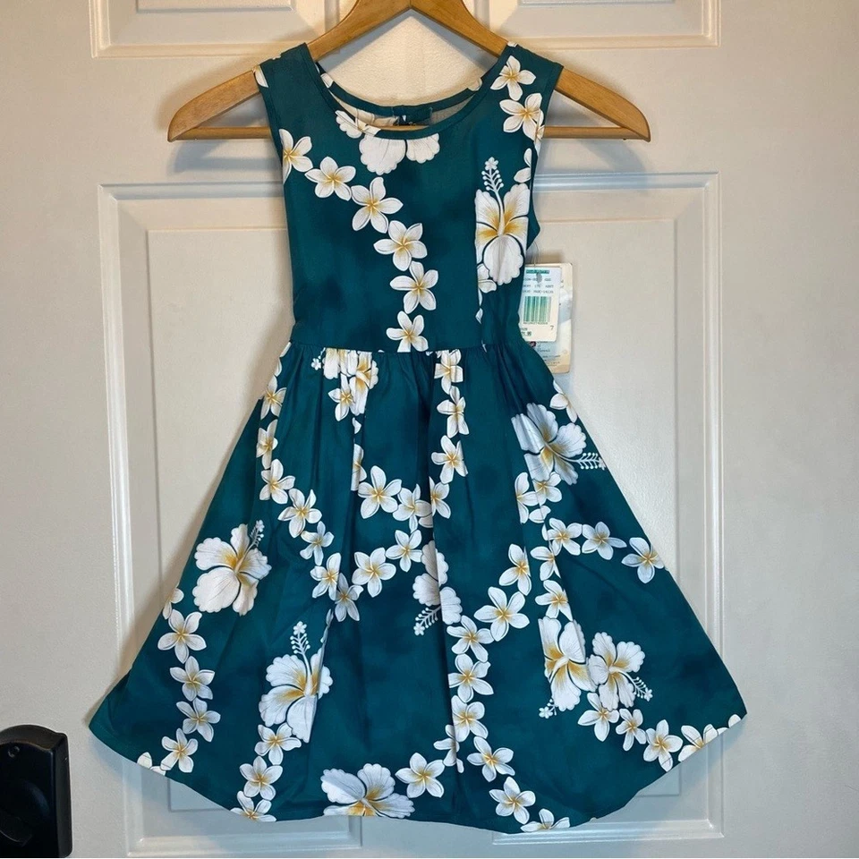 Vestido Hilo Hattie Niña Hawaiano Sin Mangas Hasta la Rodilla Talla 7 Verde Blanco Floral Foto 1 de 4