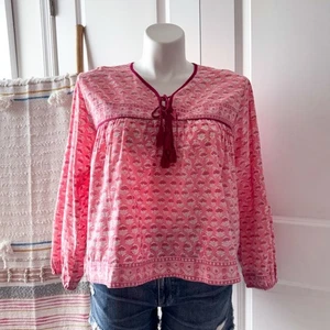 Marea Isla Pink Floral Long Puff Sleeves Boho Pullover Top Women’s Size Large - Picture 1 of 9