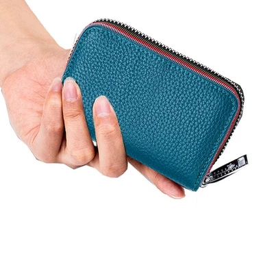 Cartera con cremallera de cuero genuino con bloqueo RIFD pequeña tarjetera de crédito monedero Foto 1 de 4