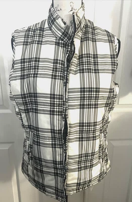Womens Size M Jacket Puffer Vest JANE ASHLEY BLACK White Plaid Winter Ski Coat - Image 1 of 4