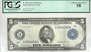 1914 $5 FEDERAL RESERVE NOTE BOSTON FR 845 PCGS AU58 GREAT NOTE LOOKS UNC - Picture 1 of 2