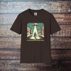 Alien Encounter , Space is Fake Unisex Softstyle UFO Graphic Tee, Sci-Fi Shirt - Picture 1 of 45