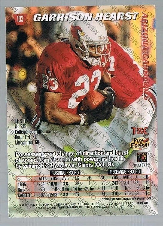 1996 stadium club members only GARRISON HEARST #193 CARDINALS / GEORGIA - Image 1 of 1