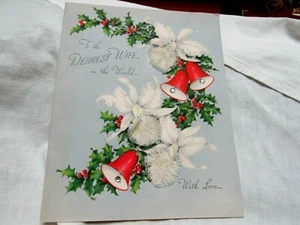 1946 Large Xmas Card Wife Bells Orchids Net Rhinestones Holly Used - Picture 1 of 8