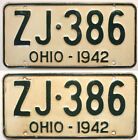 Ohio 1942 License Plate Pair ZJ-386 Original Paint YOM Ford Chevy Plymouth Buick