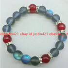 10Mm Natural Grey Moonstone & Red Jade Round Beads Stretch Bracelet 7.5 Inch