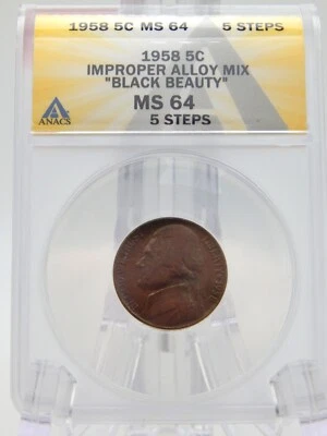 1958 Jefferson Nickel  ANACS MS 64 5 STEPS "BLACK BEAUTY" IMPROPER ALLOY  BT638 - Image 1 of 4