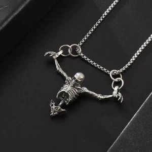 Punk Stainless Steel Skeleton Pendant Halloween Necklace Women Men Jewelry Gift - Picture 1 of 6