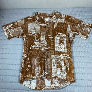 Vintage Aloha Hemd XL braun weiß Tiki Segelboot Blockprint Einzelnaht Hawaii - Bild 1 von 8