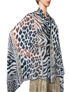 Mixed Animal Print Leopard Zebra Chinese Mulberry Silk Scarf Shawl Wrap 70x33" - Picture 1 of 14