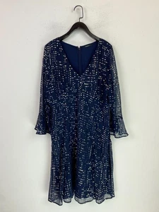 Roman Navy Golden Spot Print Dress V Neck Knee Length 3/4 Sleeve Chiffon UK 18 - Picture 1 of 12