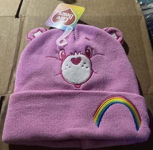 Care Bears Cheer Bear Beanie Knit Hat W/ Ears Embroidered Heart & Rainbow Pink - Picture 1 of 2