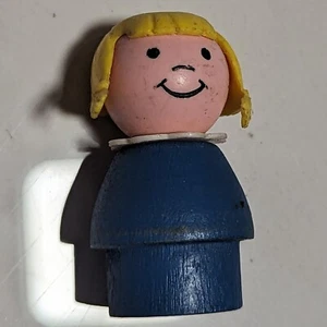 Vtg Fisher Price Little People Wood Girl Blue Body With Plastic Hair - Picture 1 of 1