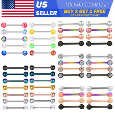 8-14PC Stainless Steel Nipple Ring Tongue Ring Straight Barbell Piercing 14G - Image 1 of 4