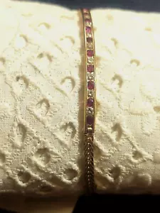 Fine Bracelet 10 Pink Rubies 9 Small Diamond 14K Yellow Gold Safety Clasp Tennis - Picture 1 of 8