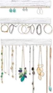 Jewelry Organizer Wall Mount Necklace Hanger White Wood Rustic Earring Rack - Picture 1 of 12