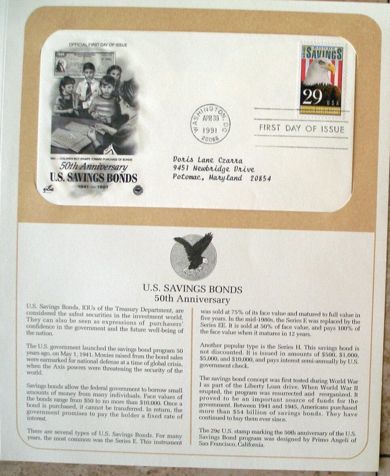 Postal Society First Day Cover FDC # 2534 29 cent Savings Bonds 1991 - Image 1 of 1
