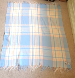 CARLDYKE ACRILAN ACRYLIC VINTAGE BABY BLANKET BLUE/PINK PLAID W/FINGE 38 X 44 - Picture 1 of 3