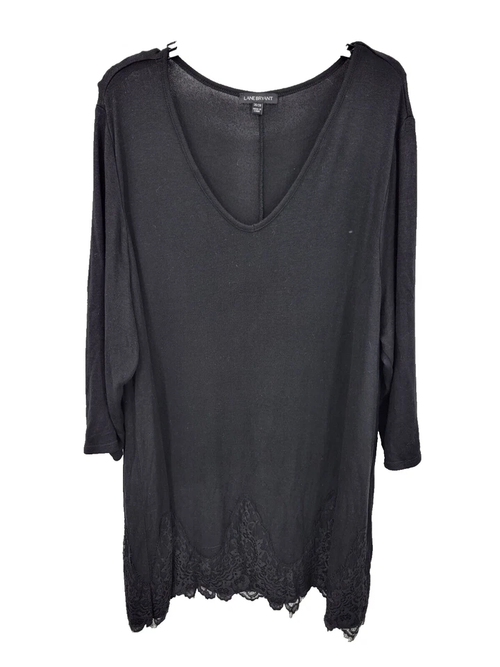 Lane Bryant Top Womens Plus 26/28 Black Long Sleeve Tunic Lace Hem Boho Pullover - Image 1 of 4