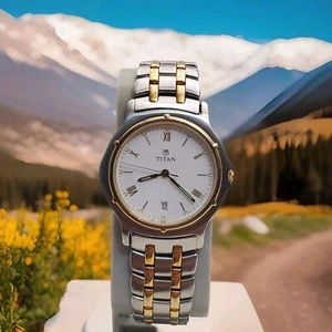 TITAN 535BDD QUARTZ MEN'S VINTAGE WATCH silver Gold Tone NEW BATTERY - Picture 1 of 10