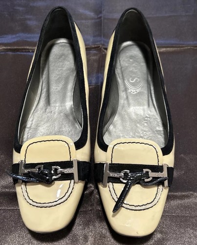 TOD’S Mocassino piatto donna Tod's crema vernice pelle nero bordo velluto taglia 6 5