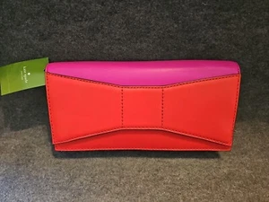 New Stunning Kate Spade 2 Park Ave Beau Fushia &Red 11" Leather Bow Clutch Purse - Picture 1 of 7