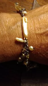Charm Bracelet 925 Silver Freshwater Pearl Abalone Shell Dangle Rare VGC 7.75" - Picture 1 of 16