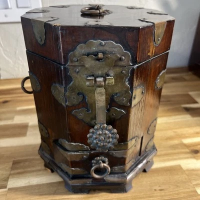 Vintage Chinese Wood And Brass Lined Hexagonal Tea Caddy With Bottom Drawer - Image 1 of 4