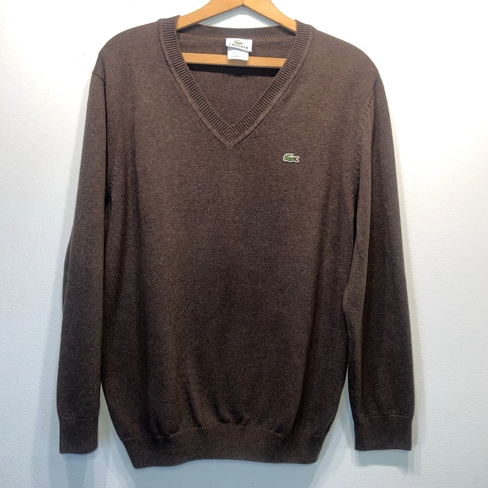 Suéter Lacoste Para Hombre Manga Larga Cuello en V 100% Algodón Marrón Talla 4 (Mediano) Foto 1 de 4