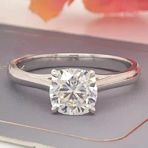 Moissanite Solitaire Engagement Ring Solid 14K White Gold 1.50 Carat Cushion Cut - Picture 1 of 3