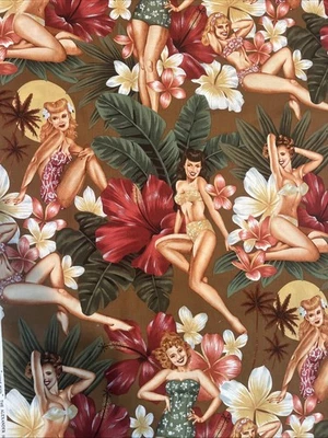 Alexander Henry Sexy Island Girls Brown 1 Yd Fabric Plumeria Hibiscus Pinup - Image 1 of 4