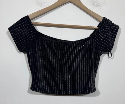 Forever 21 Womens Velvet Black Off the Shoulder Crop Top Sz Medium Striped - Image 1 of 4