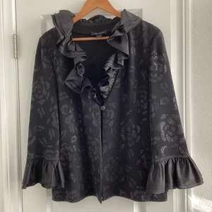 St. John Santana Strick Metallic Blumendruck Pullover Jacke schwarz Rüschen Gr. 16 - Bild 1 von 11