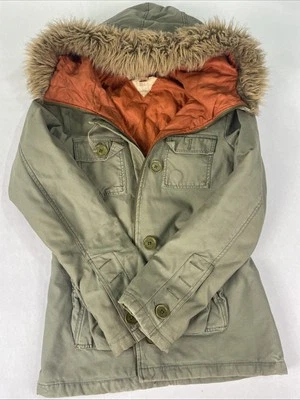 Hollister Jacket Womens L Creek Twill Parka Olive Faux Fur Trim Sherpa Lined - Image 1 of 4